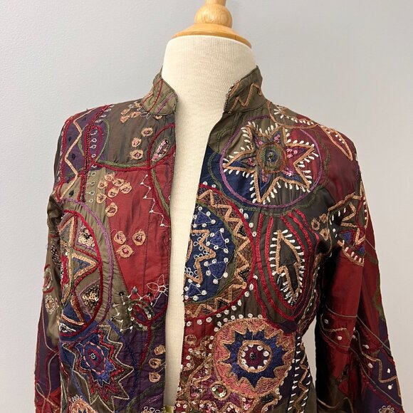 Chico's Jewel-Tone Silk Blend Patchwork Embroidered Jacket Sz XS - Picture 1 of 13